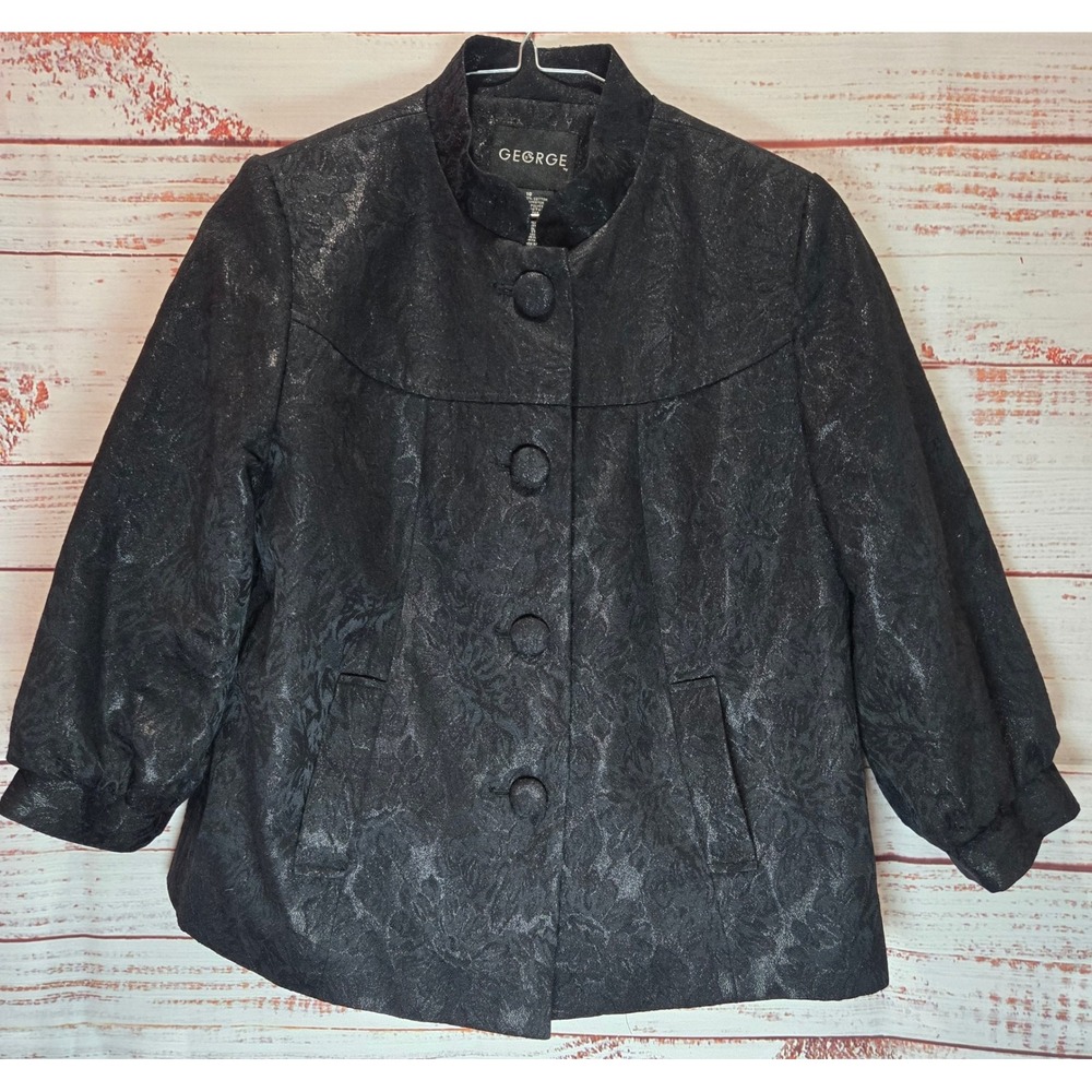Women Medium Black Metallic Sparkle Floral Brocade Button Front Jacket Size 10